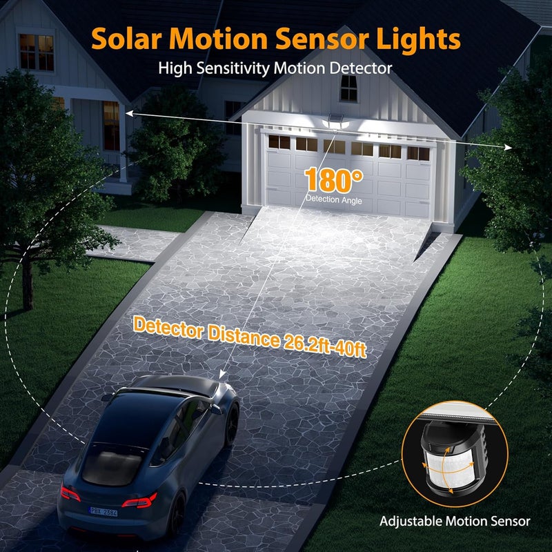 Onforu 4500LM Solar Lights Outdoor, 3 Heads Security Lights with Remote Control, IP65 Waterproof Motion Sensor Lights, 3 Modes Flood Lights for Wall, Porch, Yard, Outside, 4 Pack - Image 3